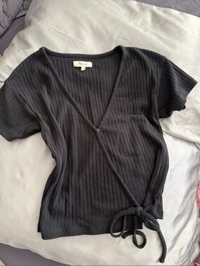 Madewell Black Ribbed Wrap Short Sleeve Knit Top with Side Tie